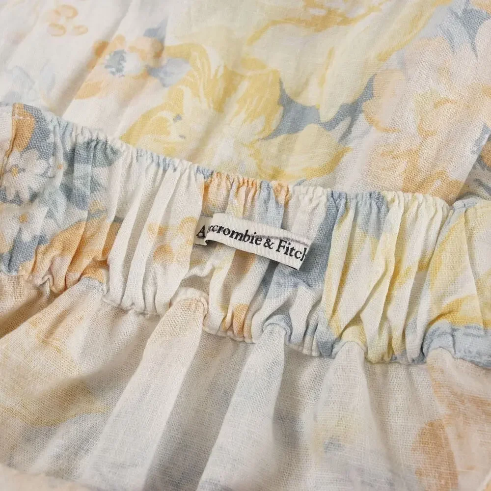 Abercrombie & Fitch Asymmetrical Yellow Blue Floral Linen Tiered Maxi Dress L